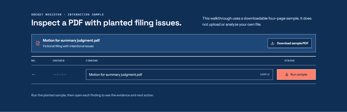 DocketReady sample intake with the downloadable illustrative motion selected
